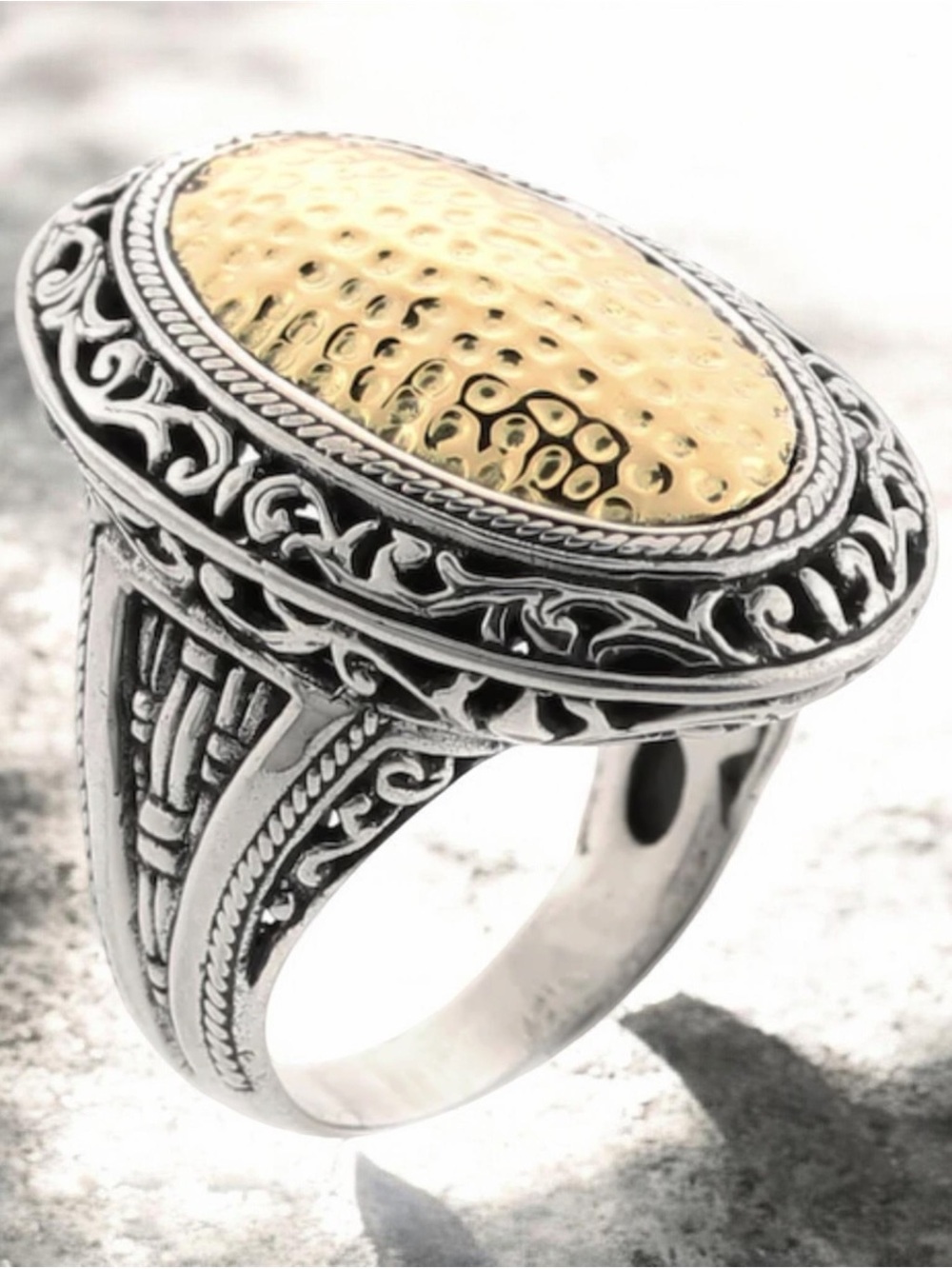Two-Tone Hammered Oval Statement Ring - 14ktGold & Silver